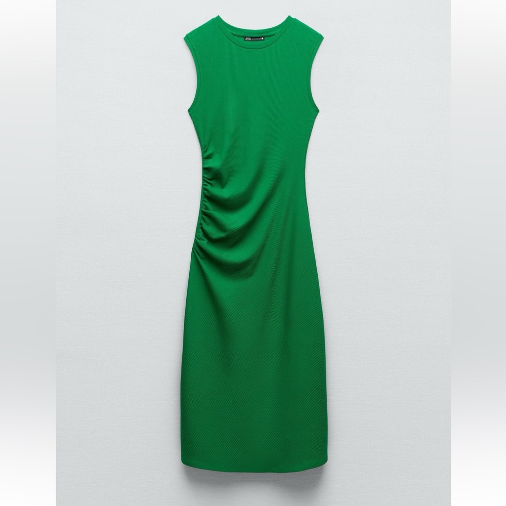 ZARA Ruched Ribbed Dress in Green